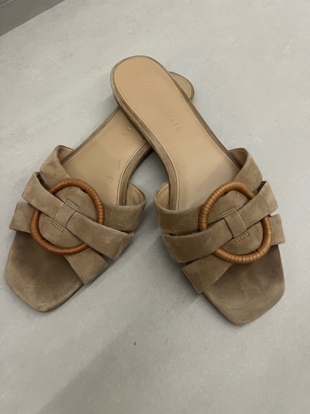 Classic Veronica Beard! Suede Slide Sandals with Woven Ring Detail - Beige